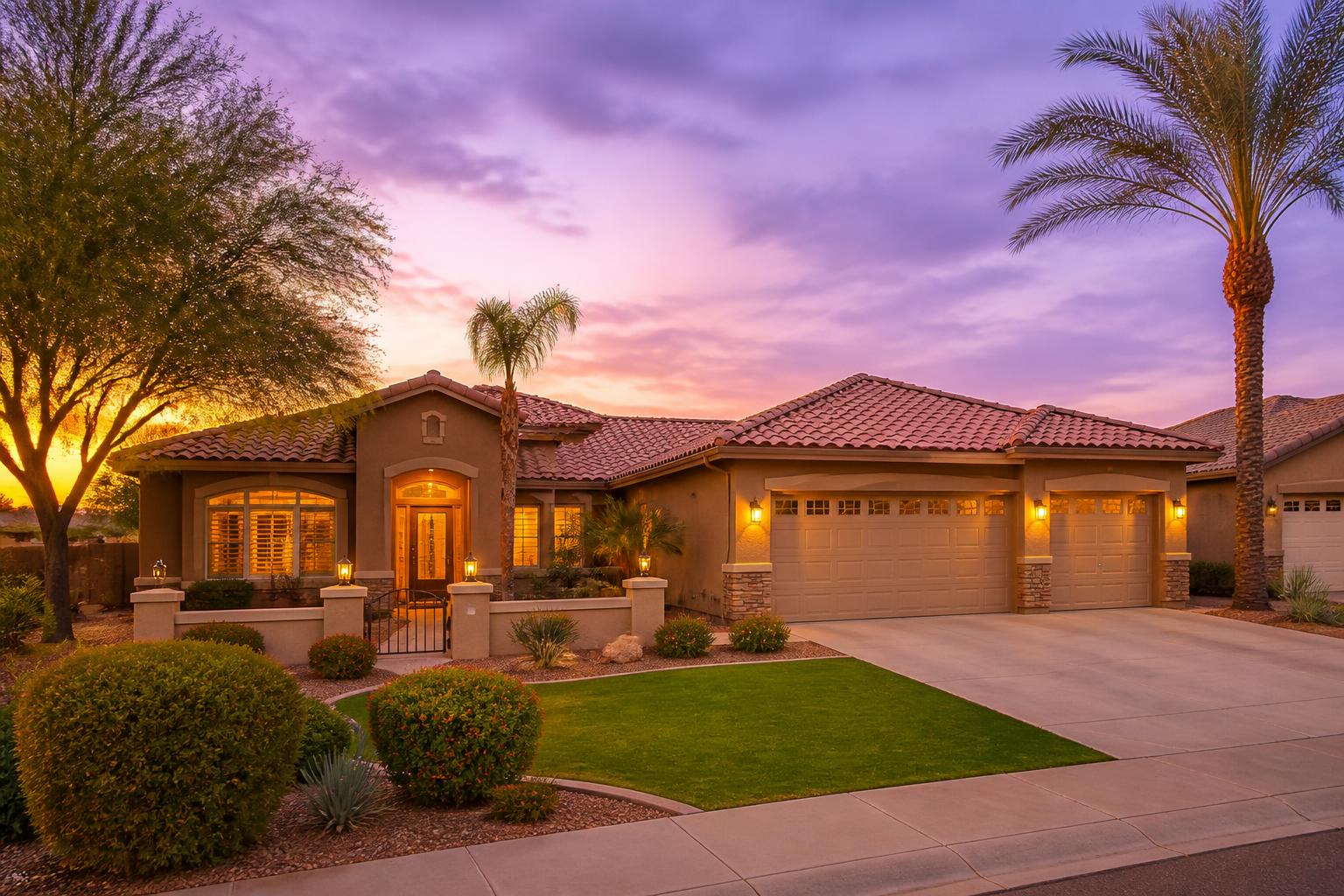 A welcoming Arizona residential home at golden hour